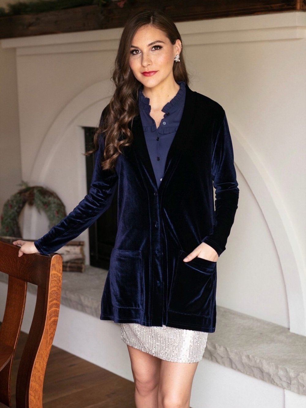 Evy’s Tree Navy Velvet Button-Front Cardigan Klara NWT/NEW Medium/M